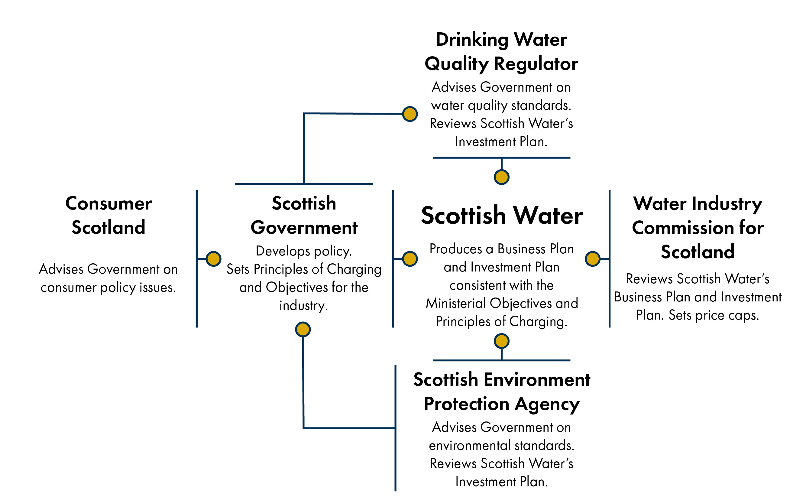 A diagram outlining the roles and responsibilities of six public bodies involved in the strategic review process of Scottish Water: Consumer Scotland – Advises the Scottish Government on consumer policy issues. Scottish Government – Develops policy and sets the Principles of Charging and Objectives for the water industry. Drinking Water Quality Regulator – Advises the Government on water quality standards and reviews Scottish Water's Investment Plan. Scottish Water – Prepares a Business Plan and Investment Plan aligned with Ministerial Objectives and Principles of Charging. Water Industry Commission for Scotland – Reviews Scottish Water's Business and Investment Plans and sets price caps. Scottish Environment Protection Agency (SEPA) – Advises the Government on environmental standards and reviews Scottish Water's Investment Plan. The diagram visually maps how each body contributes to the strategic review process, emphasising advisory, planning, and regulatory roles.